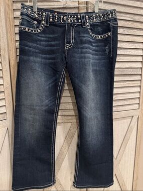 142. Miss Me Dark Blue Boot Cut Jeans with Studded Waist pre owned
